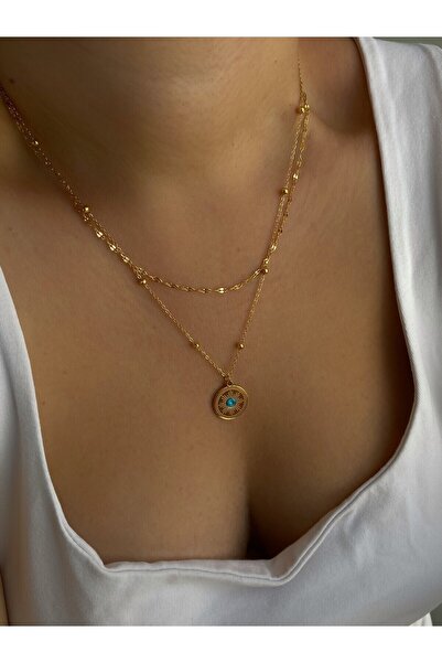 Owentis قلادة ذهبية من الفولاذ بصفين من أشعة الشمس - لا تشويه -