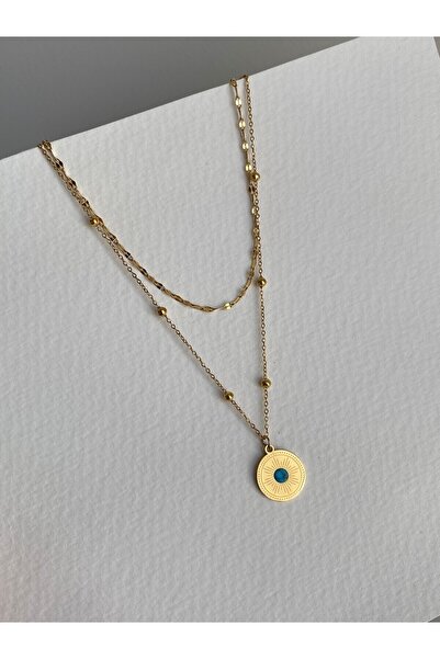 Owentis قلادة ذهبية من الفولاذ بصفين من أشعة الشمس - لا تشويه -