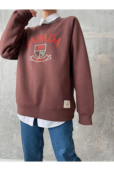 Qu Style Embroidered, Crew Neck, Oversize, Trend, Elegant, 3 Thread Raised, Women's Sweatshirt