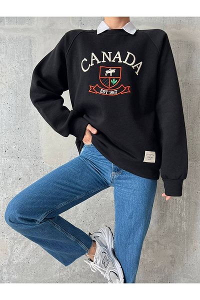 Qu Style Embroidered, Crew Neck, Oversize, Trend, Elegant, 3 Thread Raised, Women's Sweatshirt