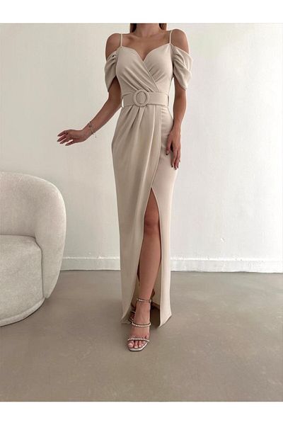 modakyra Imported Crepe Evening Dress with Shoulder Detail, Belt and Front Slit Detail (Color)