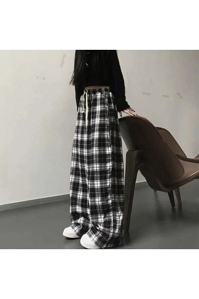 Gofeel Ellevana Harajuku black and white plaid pants summer casual wide korean fashion straight TRACKSUIT Y2k bottom