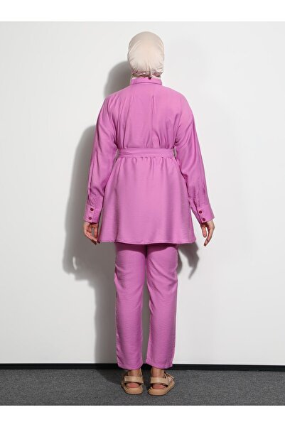 Benin Belted Half Placket Tunic & Trousers Set - Fuchsia - Benin