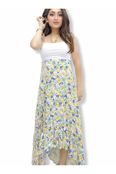 Elizar Moda Mor Çiçek Desenli Beli Lastikli Asimetrik Kesim Etek