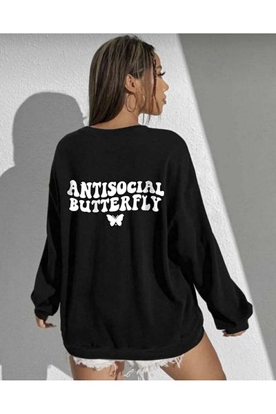 My Blog Hanorac oversize cu imprimeu antisocial-fluture