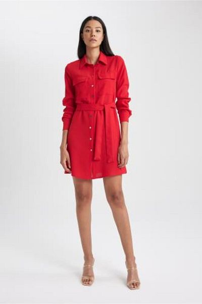 DeFacto Shirt Collar Belted Long Sleeve Mini Dress B1147ax23au