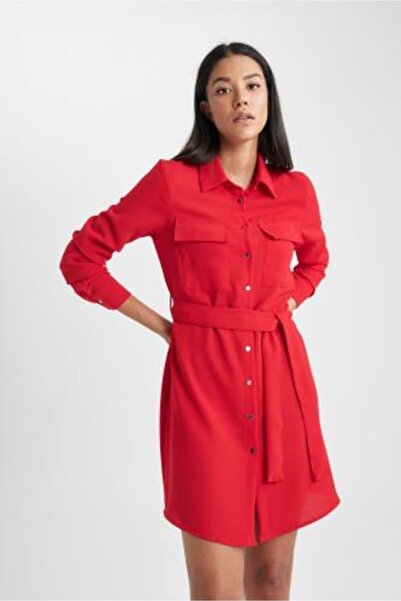 DeFacto Shirt Collar Belted Long Sleeve Mini Dress B1147ax23au