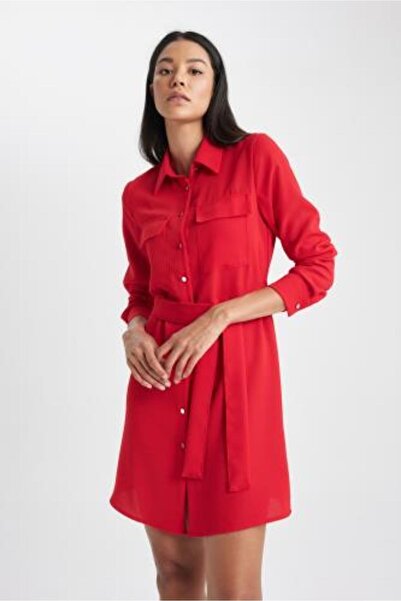 DeFacto Shirt Collar Belted Long Sleeve Mini Dress B1147ax23au