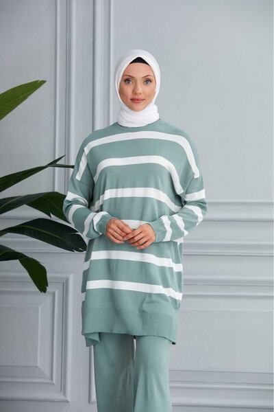 MODAMÜNASİP Υπέροχο ριγέ διπλό σετ πλεκτών ενδυμάτων