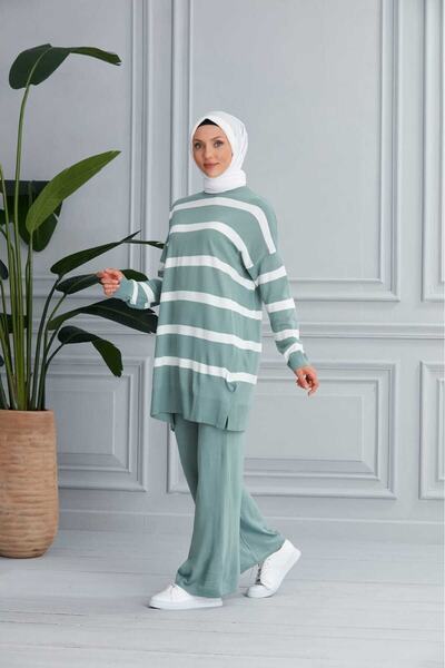 MODAMÜNASİP Υπέροχο ριγέ διπλό σετ πλεκτών ενδυμάτων