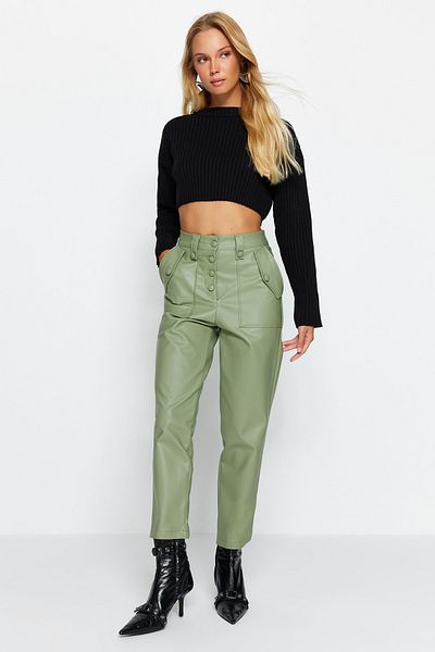 Trendyol Collection Green Carrot Woven Faux Leather Trousers - Front Button, Limited Edition TWOAW22PL0083