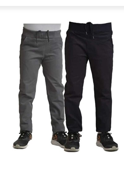 KURAFF Unisex 2li Çocuk Rahat Kalıp Ribana Bel Canvas Keten Okul Pantolonu 2 Adet