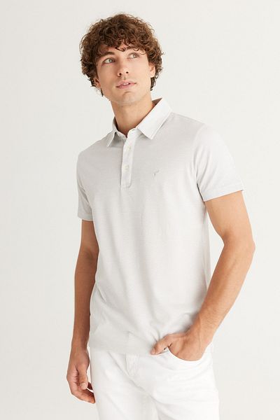 AC&Co / Altınyıldız Classics Grau-weißes, leicht zu bügelndes, schmal geschnittenes Jacquard-T-Shirt mit Polokragen und schmaler Passform für Herren