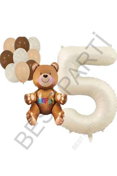 BEST PARTİ DOĞUM GÜNÜ PARTİ SÜSLERİ Beige Number Bear Foil and Latex Balloon Set Age 5