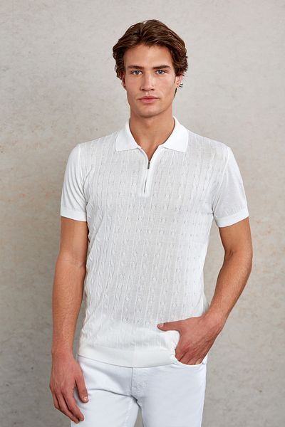 Hatemoğlu Λευκό Slim Fit Πλεκτό μπλουζάκι με φερμουάρ Jacquard Polo γιακά