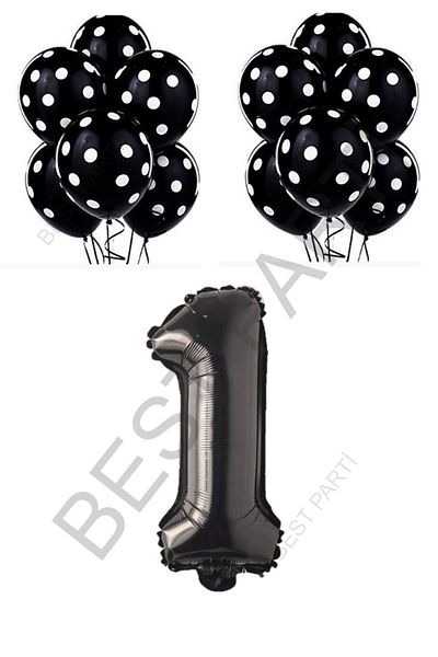 BEST PARTİ DOĞUM GÜNÜ PARTİ SÜSLERİ Black Number and Black and White Polka Dot Balloon Set Age 1