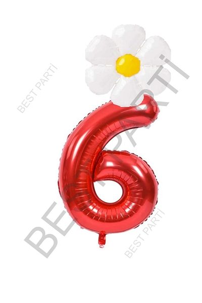 BEST PARTİ DOĞUM GÜNÜ PARTİ SÜSLERİ Red Number and White Daisy Foil Balloon Set Age 6