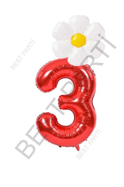 BEST PARTİ DOĞUM GÜNÜ PARTİ SÜSLERİ Red Number and White Daisy Foil Balloon Set Age 3