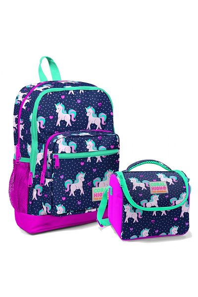 Coral High Set rucsac și geantă de prânz pentru școală primară pentru fete Purple Unicorn