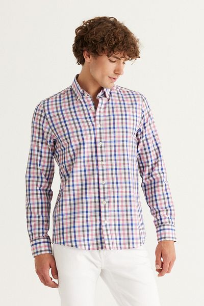 AC&Co / Altınyıldız Classics Men's White-Navy Blue Slim Fit Narrow Cut Button Collar Cotton Checked Shirt