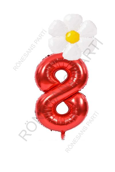 RÖNESANS PARTİ Red Number and White Daisy Foil Balloon Set Age 8