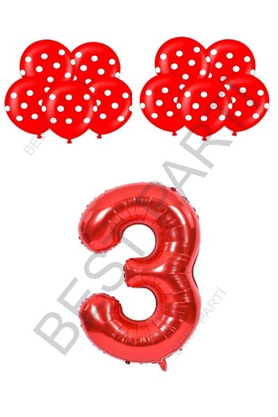 BEST PARTİ DOĞUM GÜNÜ PARTİ SÜSLERİ Red Number and Red and White Score Balloon Set Age 3