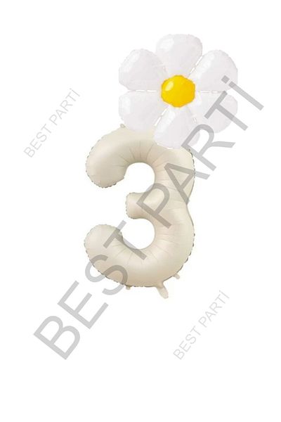 BEST PARTİ DOĞUM GÜNÜ PARTİ SÜSLERİ Beige Number and White Daisy Foil Balloon Set Age 3