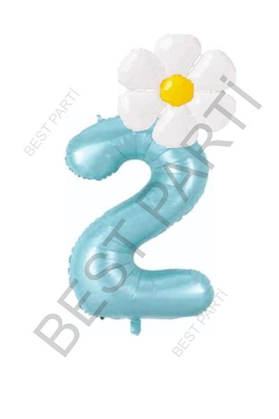 BEST PARTİ DOĞUM GÜNÜ PARTİ SÜSLERİ Blue Number and White Daisy Foil Balloon Set Age 2