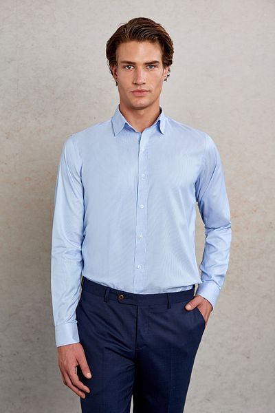 Hatemoğlu Μπλε Comfort Fit ριγέ 100% βαμβακερό μακρυμάνικο πουκάμισο με λεπτή λαιμόκοψη