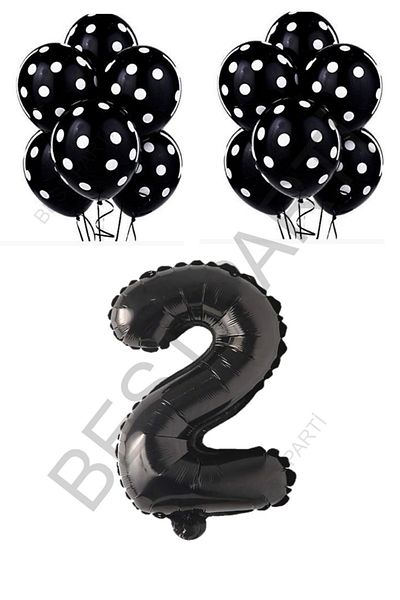 BEST PARTİ DOĞUM GÜNÜ PARTİ SÜSLERİ Black Number and Black and White Polka Dot Balloon Set Age 2