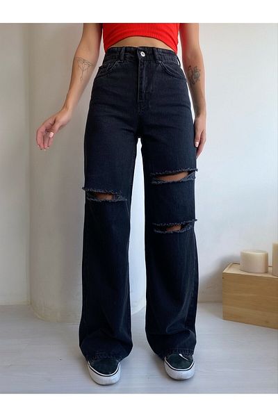 LİMABEL Blugi Palazzo negri rupti cu talie înaltă Pantaloni din denim 100% bumbac