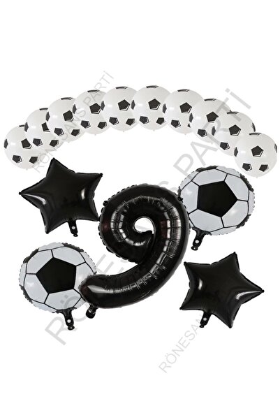 Generic Brand Football Ball Star Foil Black Number and Printed Balloon Set Age 9