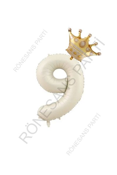 RÖNESANS PARTİ Beige Number and King Crown Foil Balloon Set Age 9