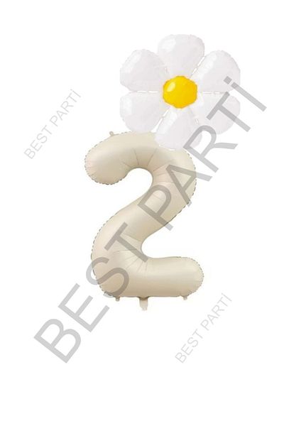 BEST PARTİ DOĞUM GÜNÜ PARTİ SÜSLERİ Beige Number and White Daisy Foil Balloon Set Age 2
