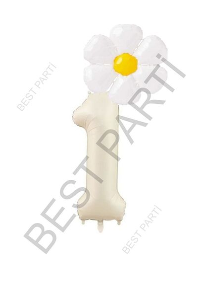 BEST PARTİ DOĞUM GÜNÜ PARTİ SÜSLERİ Beige Number and White Daisy Foil Balloon Set Age 1