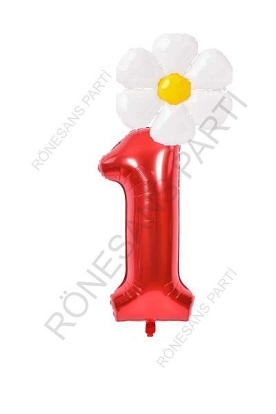 RÖNESANS PARTİ Red Number and White Daisy Foil Balloon Set Age 1