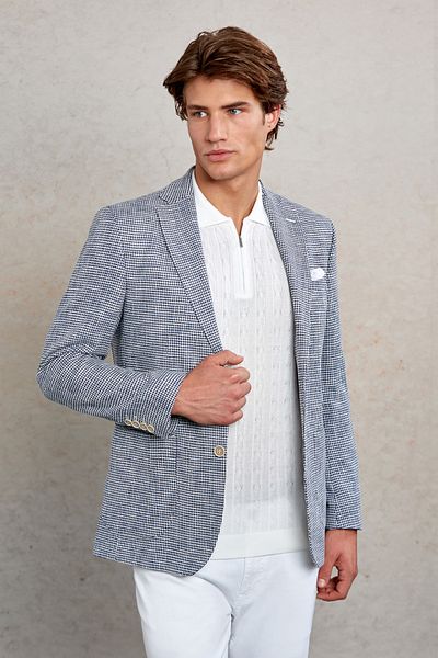Hatemoğlu Navy Blue Comfort Fit Patterned Mono Collar Casual Jacket