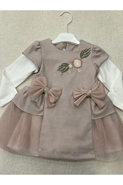 Babydola kız bebek elbise kazayağı desenli tül detaylı