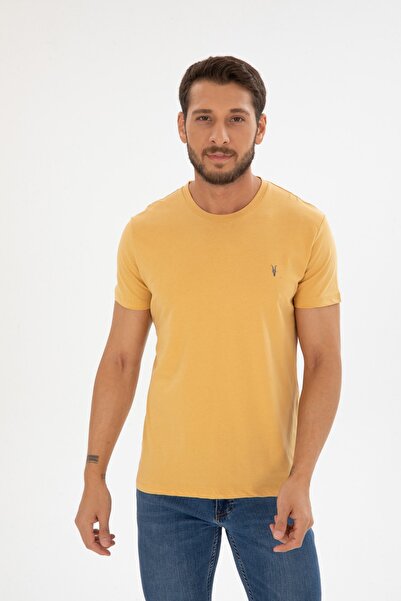 Erkek Sarı Bisiklet Yaka Pamuklu Relaxed Fit T-shirt