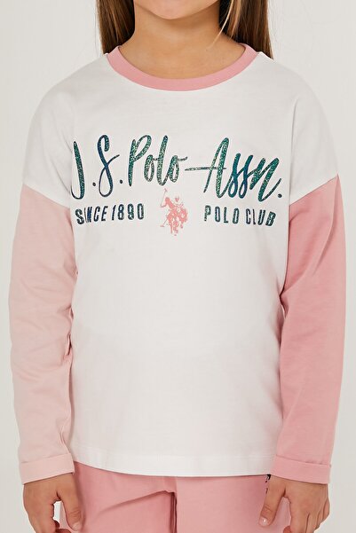 U.S. Polo Assn. U.S. Polo Assn Girl Beyaz Pembe Kız Çocuk Uzun Kol Pijama Takım