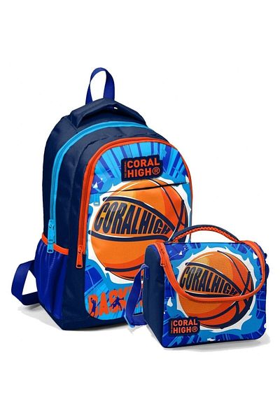 Coral High Set rucsac și cutie de prânz pentru băieți, albastru bleumarin, portocaliu, baschet