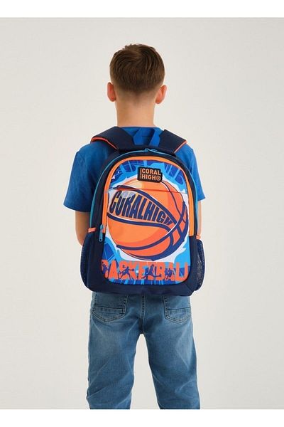 Coral High Set rucsac și cutie de prânz pentru băieți, albastru bleumarin, portocaliu, baschet