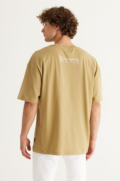 AC&Co / Altınyıldız Classics Men's Oil Green Oversize Loose Cut Crew Neck 100% Cotton Printed T-Shirt