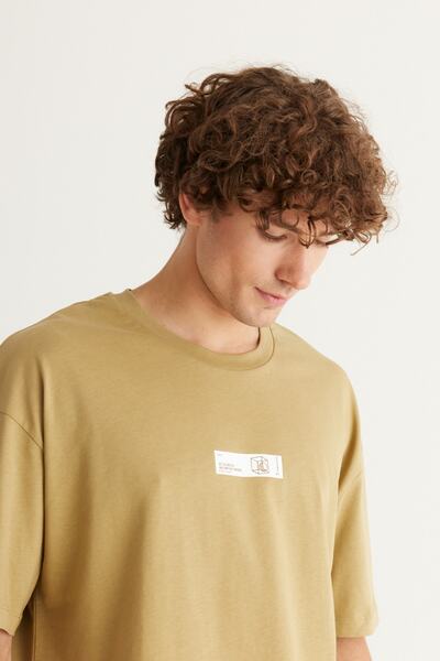 AC&Co / Altınyıldız Classics Men's Oil Green Oversize Loose Cut Crew Neck 100% Cotton Printed T-Shirt