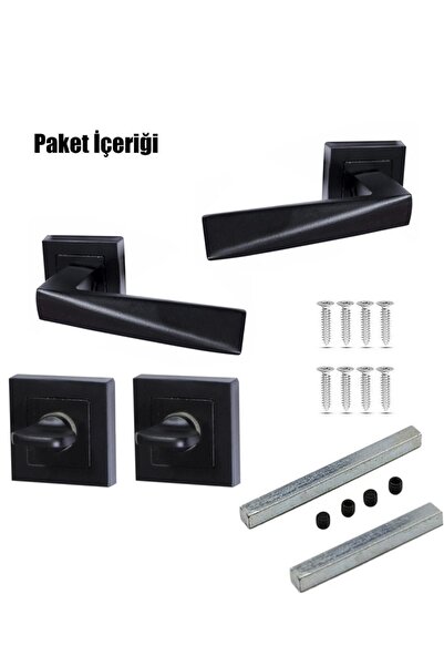 Merkezoğlu Mat Siyah Prizma Kare Rozetli WC-Banyo Kapı Kolu Seti – 1 Takım (2 Adet Arkalı/Önlü)