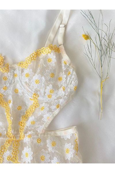 Espelette Lingerie Yellow Daisy Patterned Transparent Bodysuit