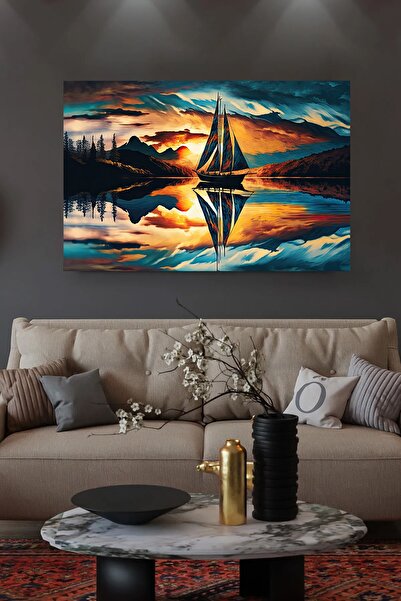EMİLART Yağlı Boya görünümlü Gemi Gün batımı ve Dağ Manzaralı HD Kalite Kanva...