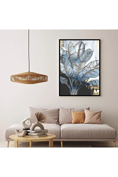 Markazip Buz Mavili Yapraklar Siyah Metal Çerçeveli Kanvas Tablo 70x100cm H119-k