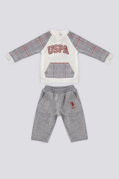 U.S. Polo Assn. U.S. Polo Assn Cream Kangaroo Pocket Plaid Detail Baby 2 Piece Set