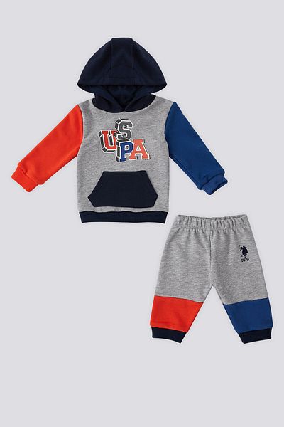 U.S. Polo Assn. U.S. Polo Assn Gray Melange Kangaroo Pocket Hooded Baby Set of 2